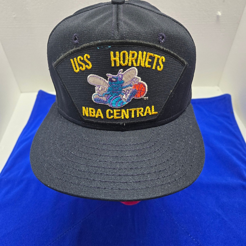 Vintage AJD USS Hornets NBA Central Snapback Hat Black Made in USA Mens Large